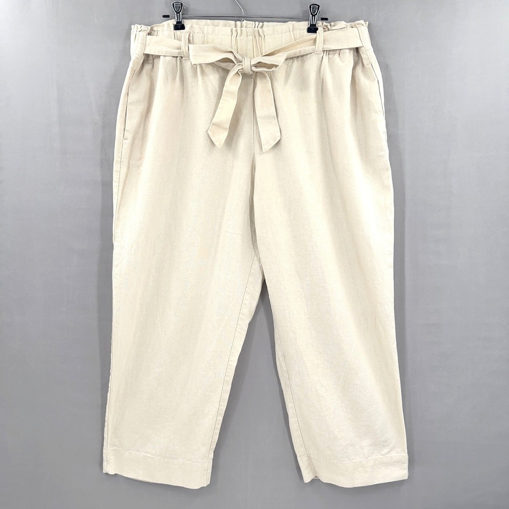 Anne Klein Women's Linen Blend Paperbag Waist Cropped Pants Cream‎ Shimmer XL